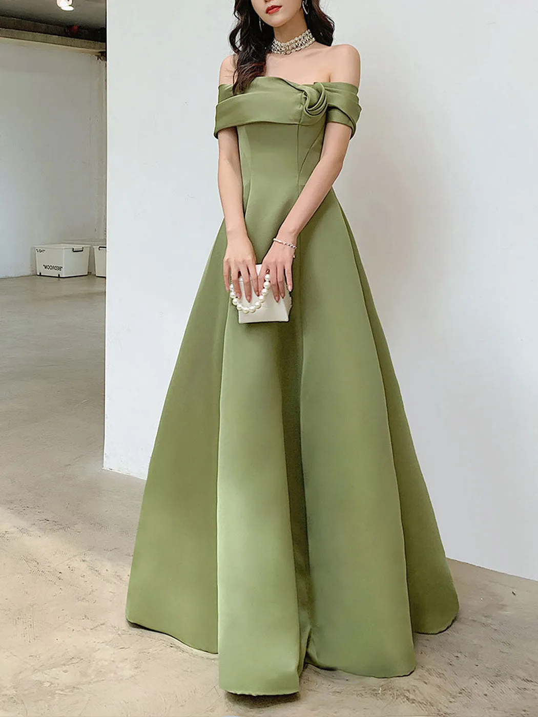 A Line Satin Green Long Prom Dresses, Off Shoulder Green Long Formal Dresses