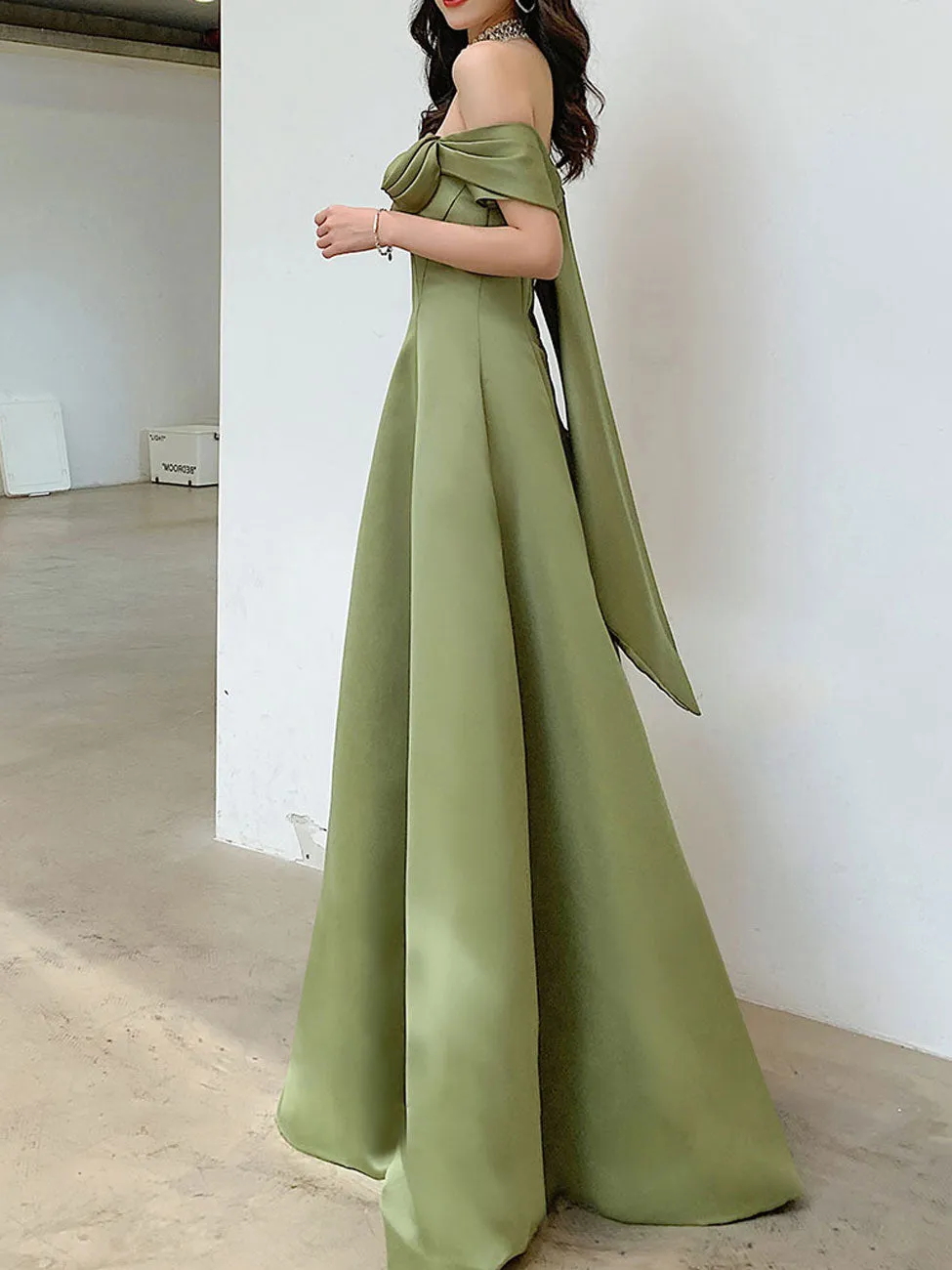 A Line Satin Green Long Prom Dresses, Off Shoulder Green Long Formal Dresses