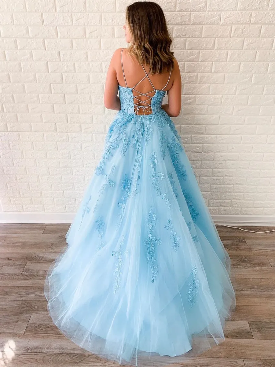 A Line Sky Blue Lace Backless Long Prom Dresses, Backless Sky Blue Lace Formal Dresses, Sky Blue Evening Dresses