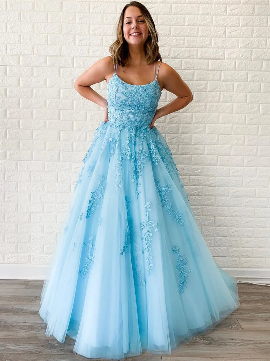 A Line Sky Blue Lace Backless Long Prom Dresses, Backless Sky Blue Lace Formal Dresses, Sky Blue Evening Dresses