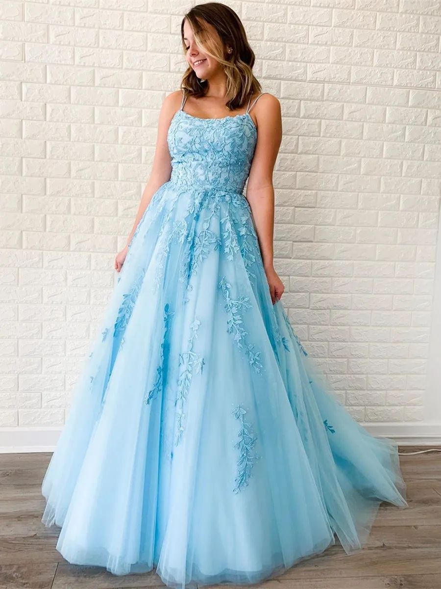 A Line Sky Blue Lace Backless Long Prom Dresses, Backless Sky Blue Lace Formal Dresses, Sky Blue Evening Dresses