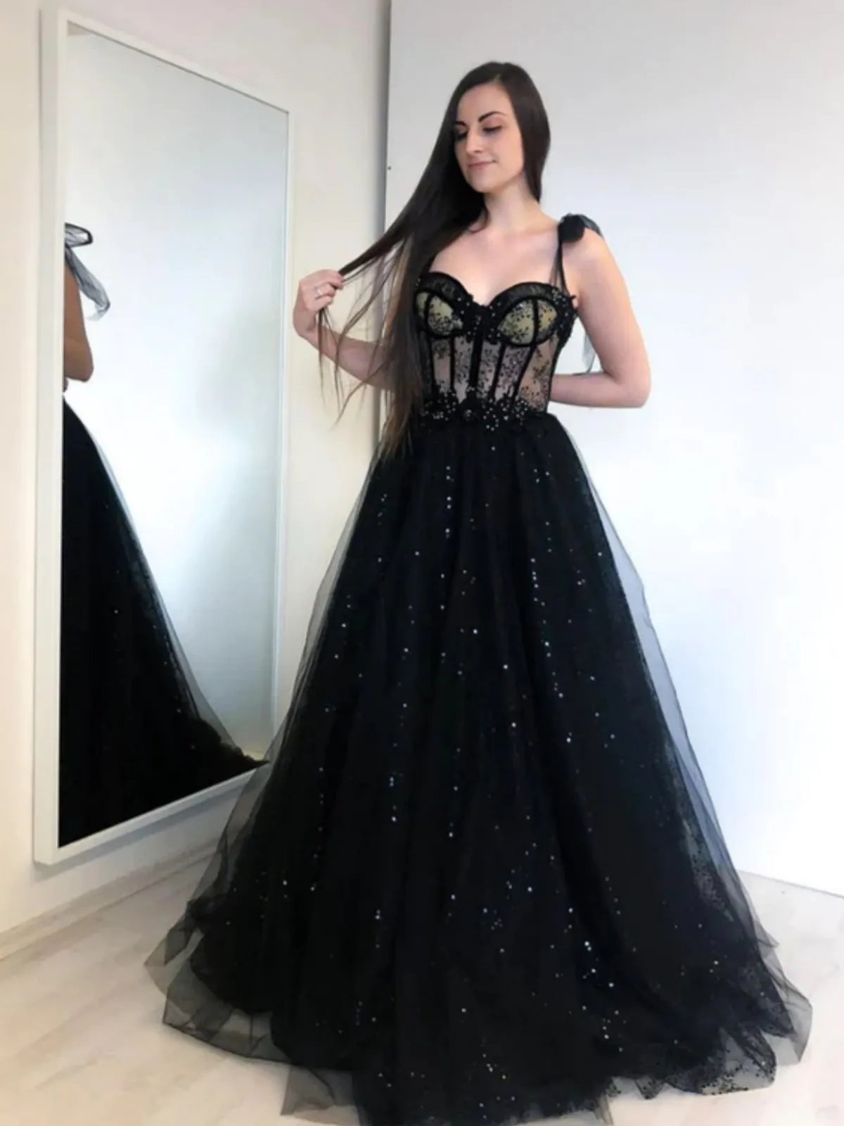 A Line Sweetheart Neck Black Tulle Long Prom Dresses, Long Black Formal Graduation Evening Dresses SP2940