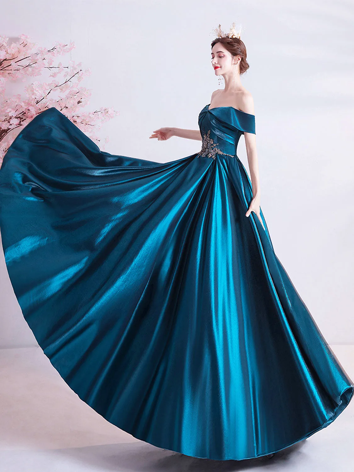 A-Line Sweetheart Neck Satin Blue Long Prom Dress, Blue Evening Dresses