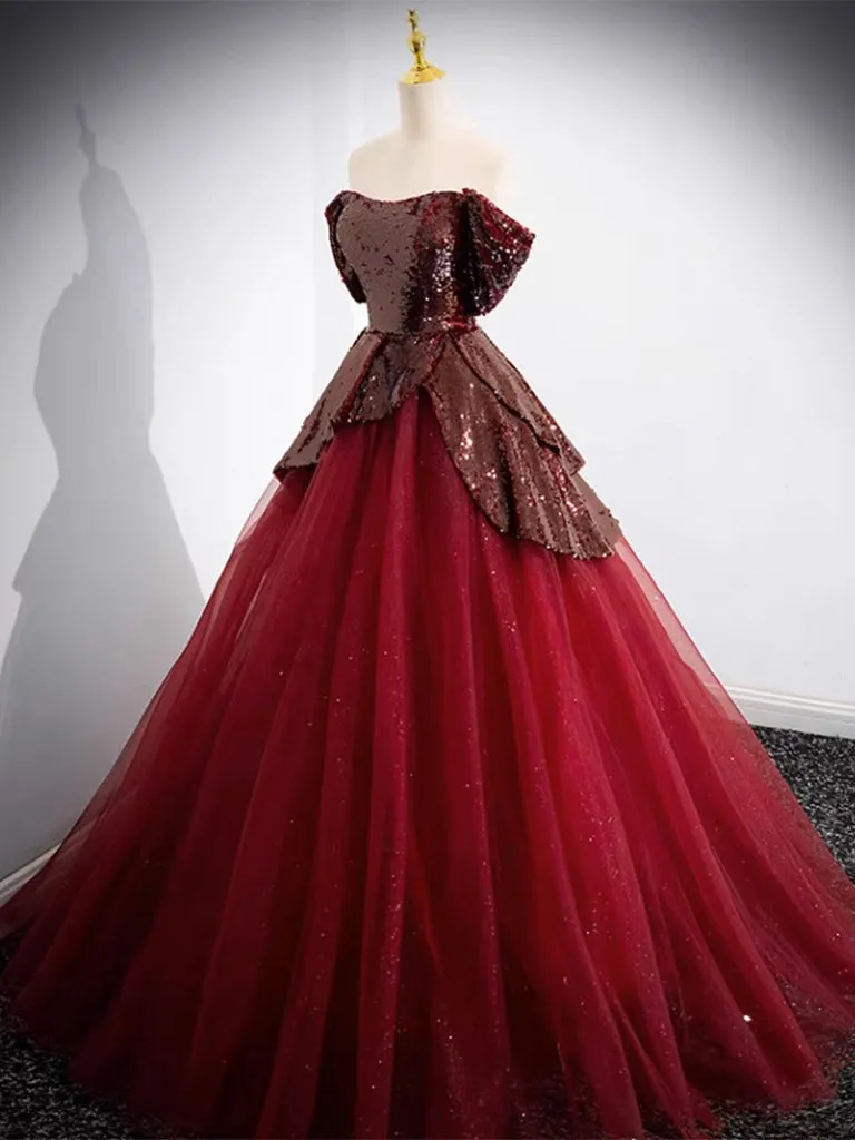 A-Line Tulle Sequin Burgundy Long Prom Dress, Off Shoulder Burgundy Formal Dress