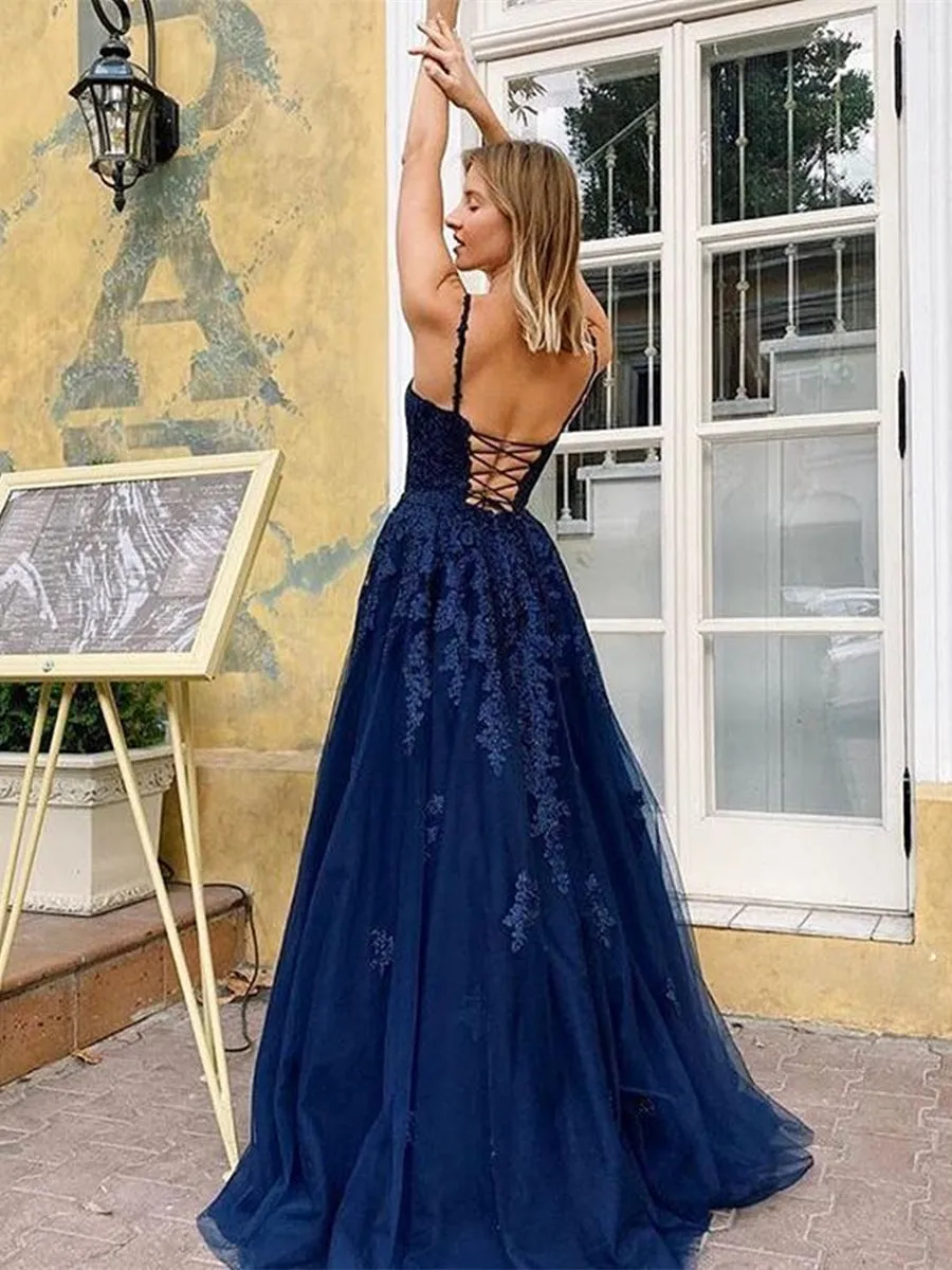 Sure, how about: Elegant Long Navy Blue Lace Prom Dress with V Neck and Open Back - 2020 Collection