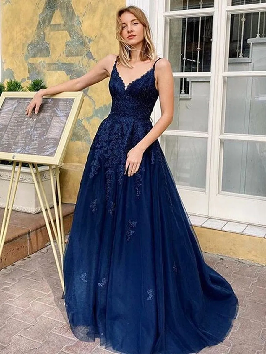 Sure, how about: Elegant Long Navy Blue Lace Prom Dress with V Neck and Open Back - 2020 Collection