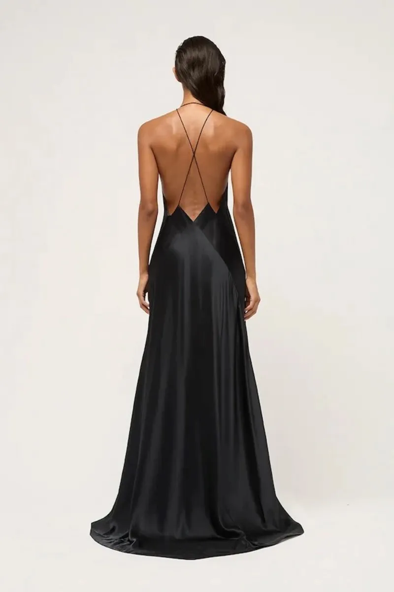 ALEXANDRA SILK SATIN MAXI DRESS-BLACK