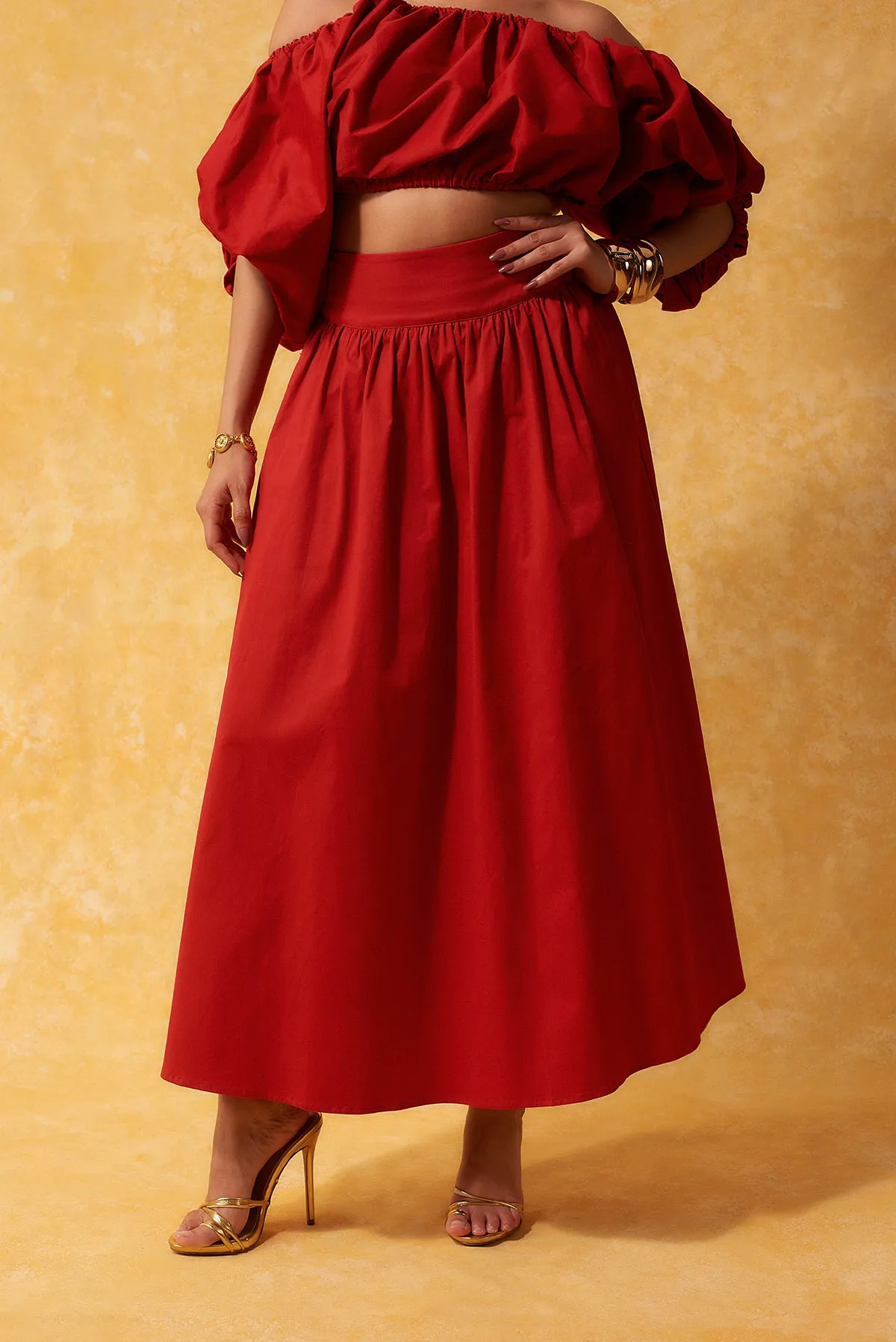 Amaya Cotton Gathered Maxi Skirt - Red