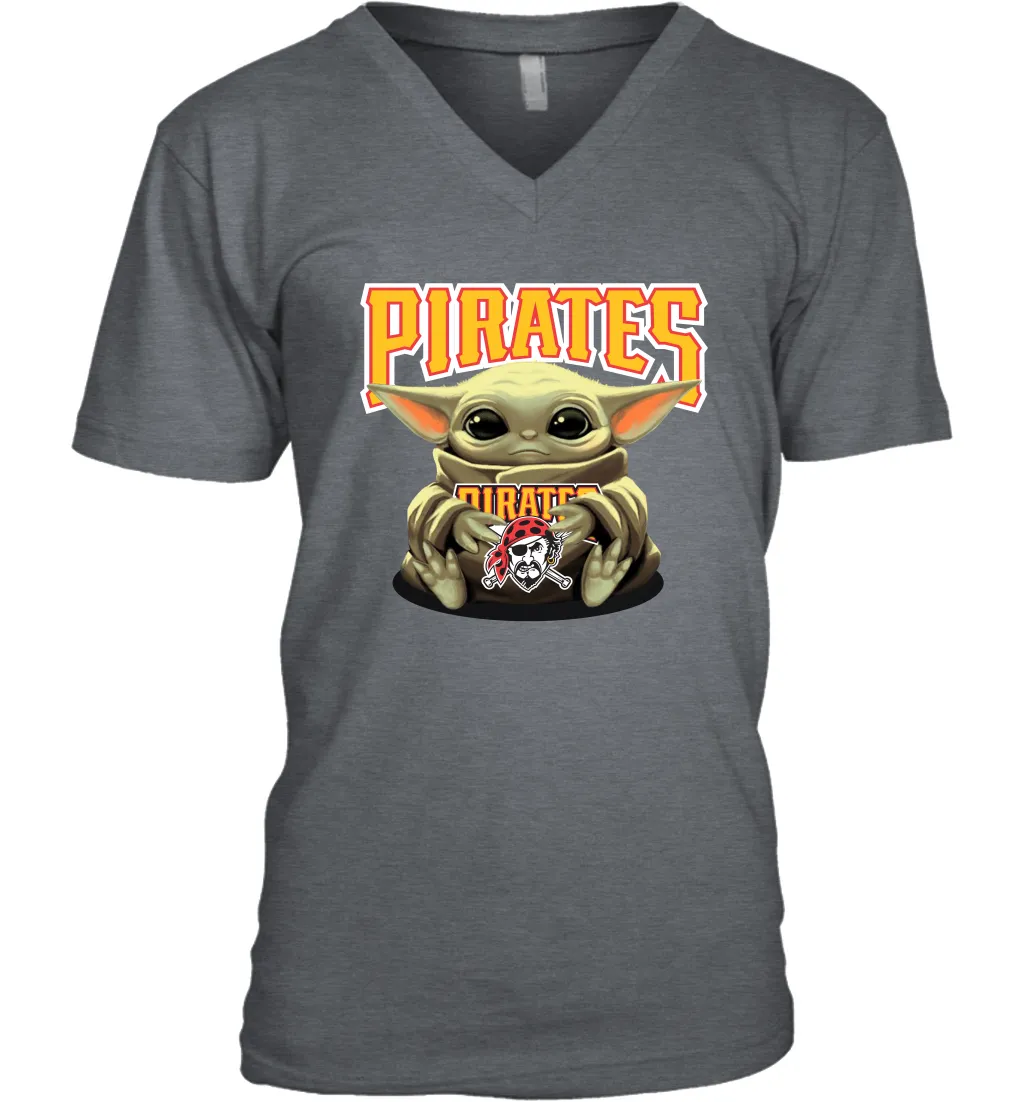 Baby Yoda Hugs Loves The Pittsburgh Pirates Baseball Mens V-Neck T-Shirt