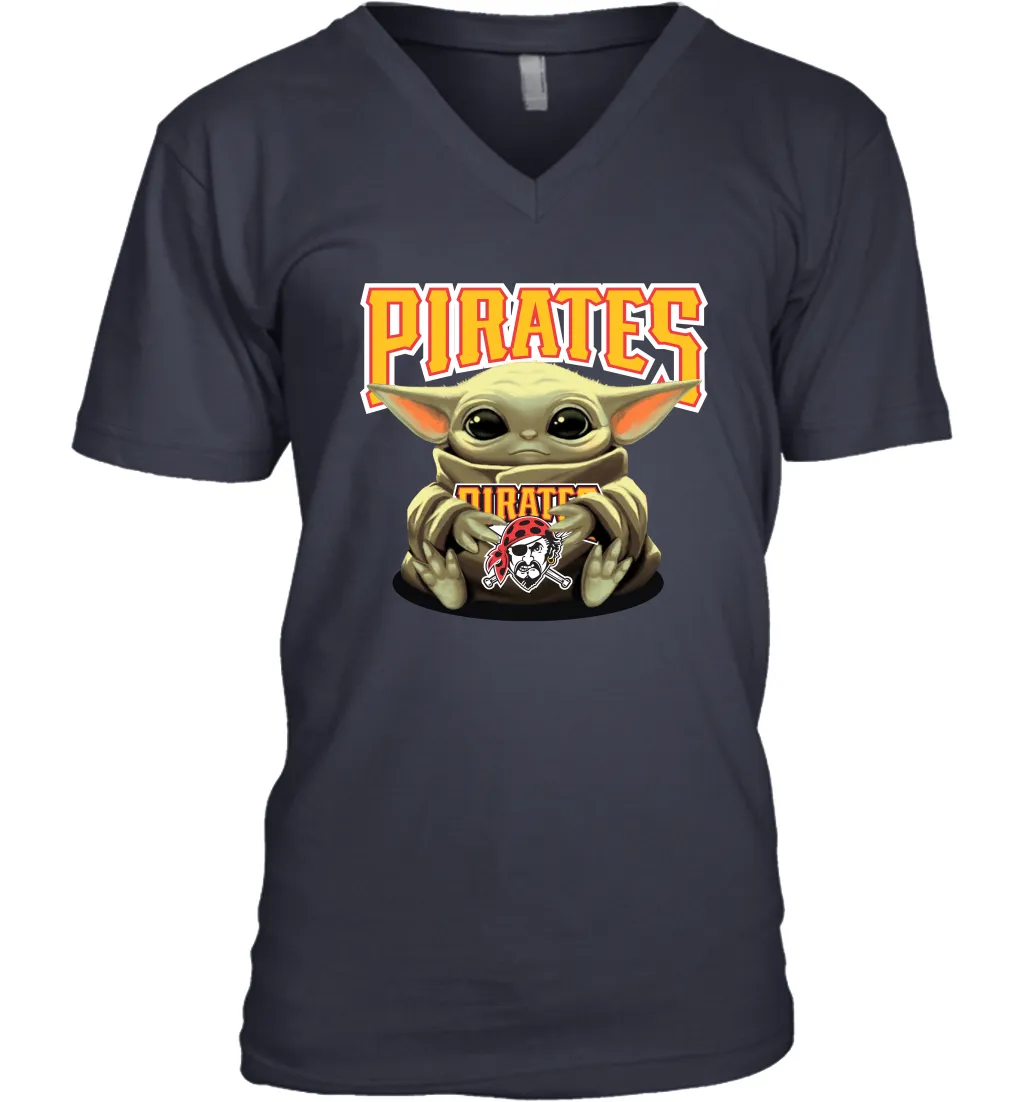 Baby Yoda Hugs Loves The Pittsburgh Pirates Baseball Mens V-Neck T-Shirt