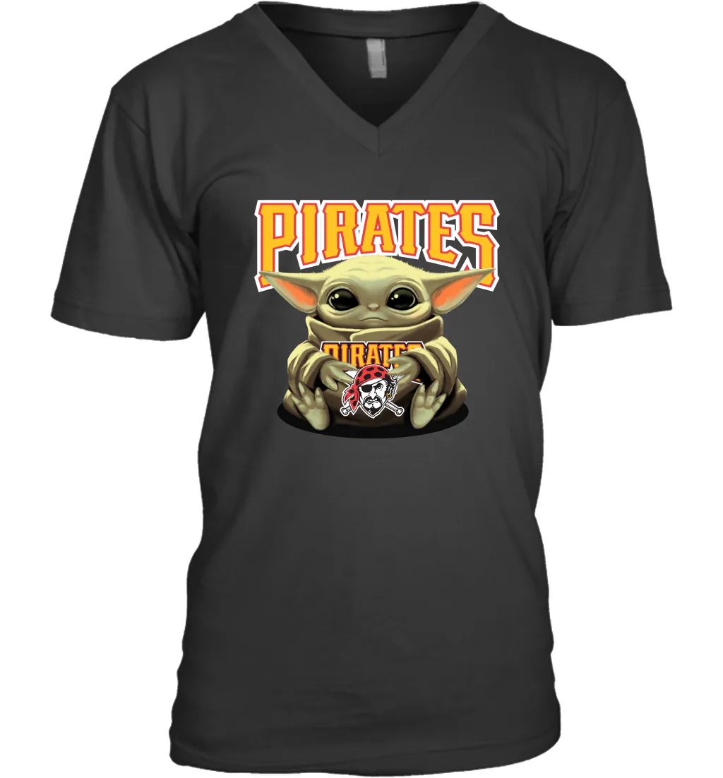 Baby Yoda Hugs Loves The Pittsburgh Pirates Baseball Mens V-Neck T-Shirt