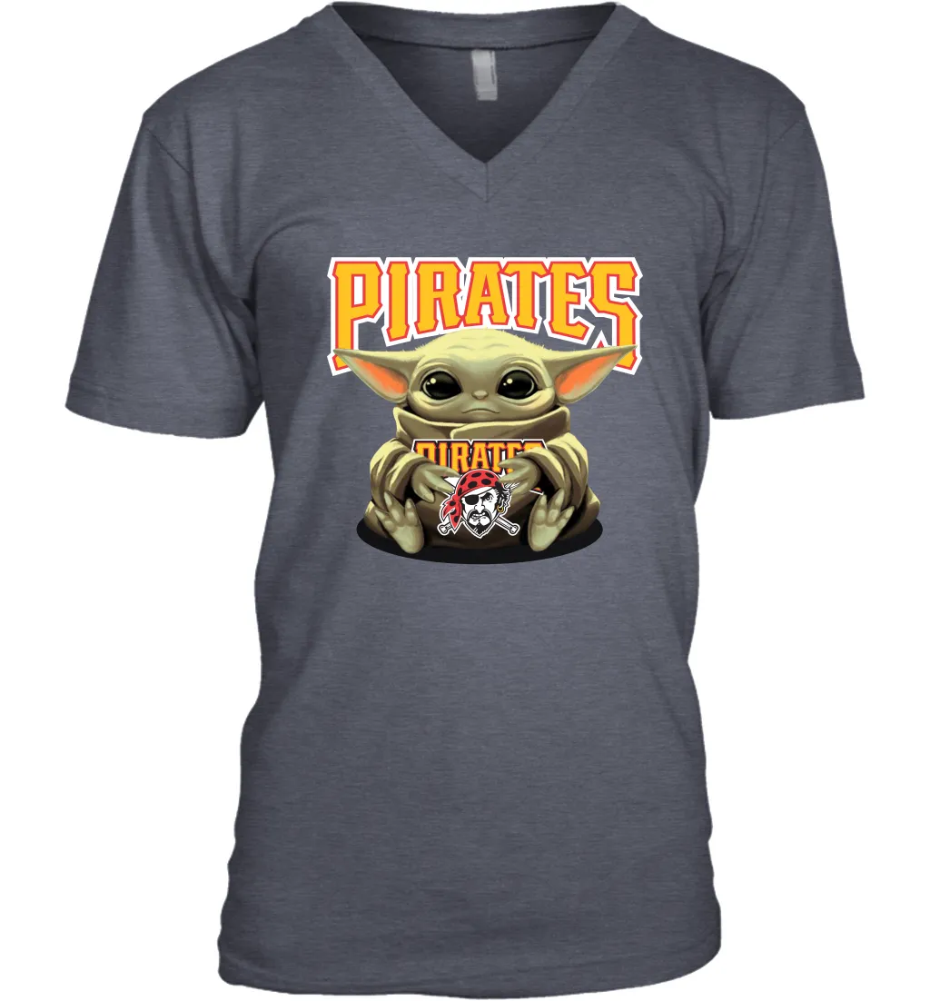 Baby Yoda Hugs Loves The Pittsburgh Pirates Baseball Mens V-Neck T-Shirt