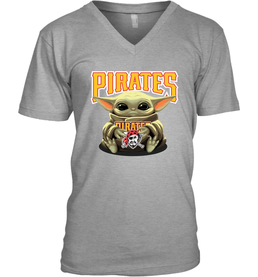 Baby Yoda Hugs Loves The Pittsburgh Pirates Baseball Mens V-Neck T-Shirt