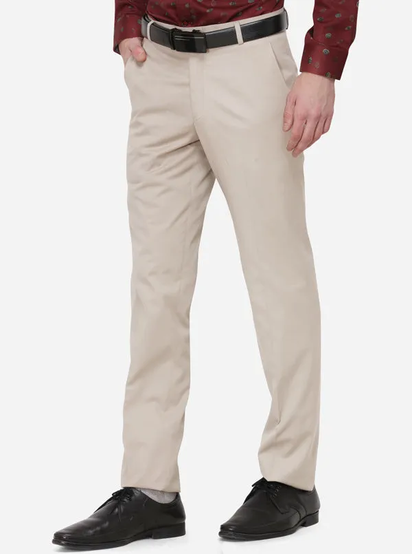 Beige Solid Slim Fit Formal Trouser | Greenfibre