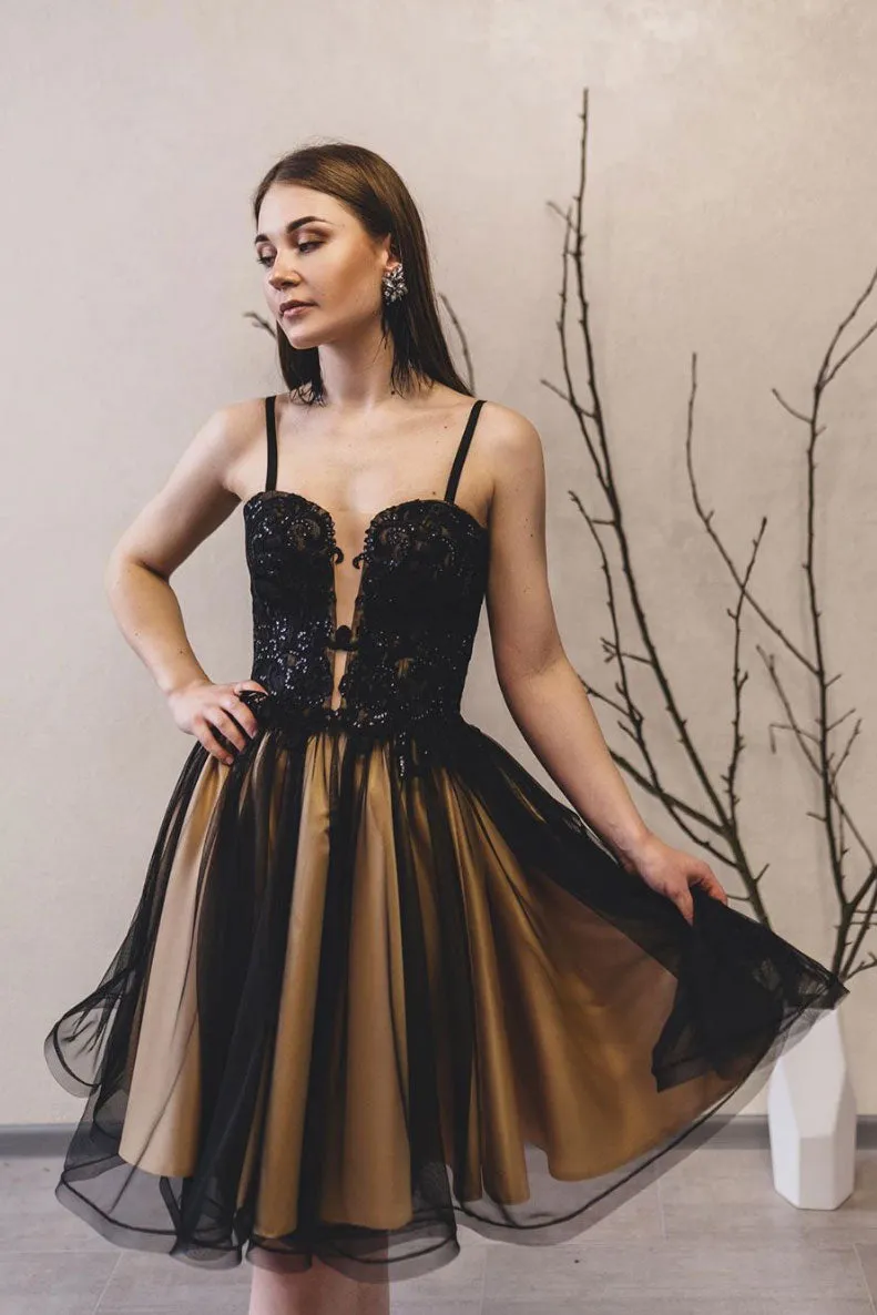 Black lace tulle short prom dress black homecoming dress