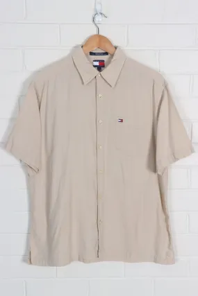 Bone TOMMY HILFIGER Box Logo Textured Short Sleeve Button Up Shirt (L-XL)