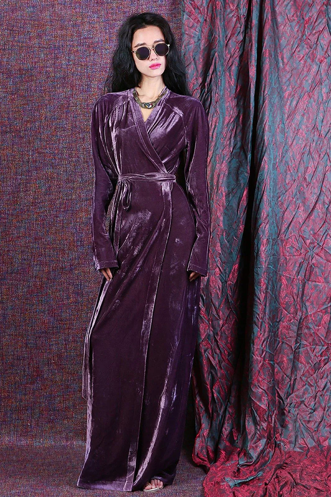 Brenda Velvet Long Sleeve Sash Maxi Dress