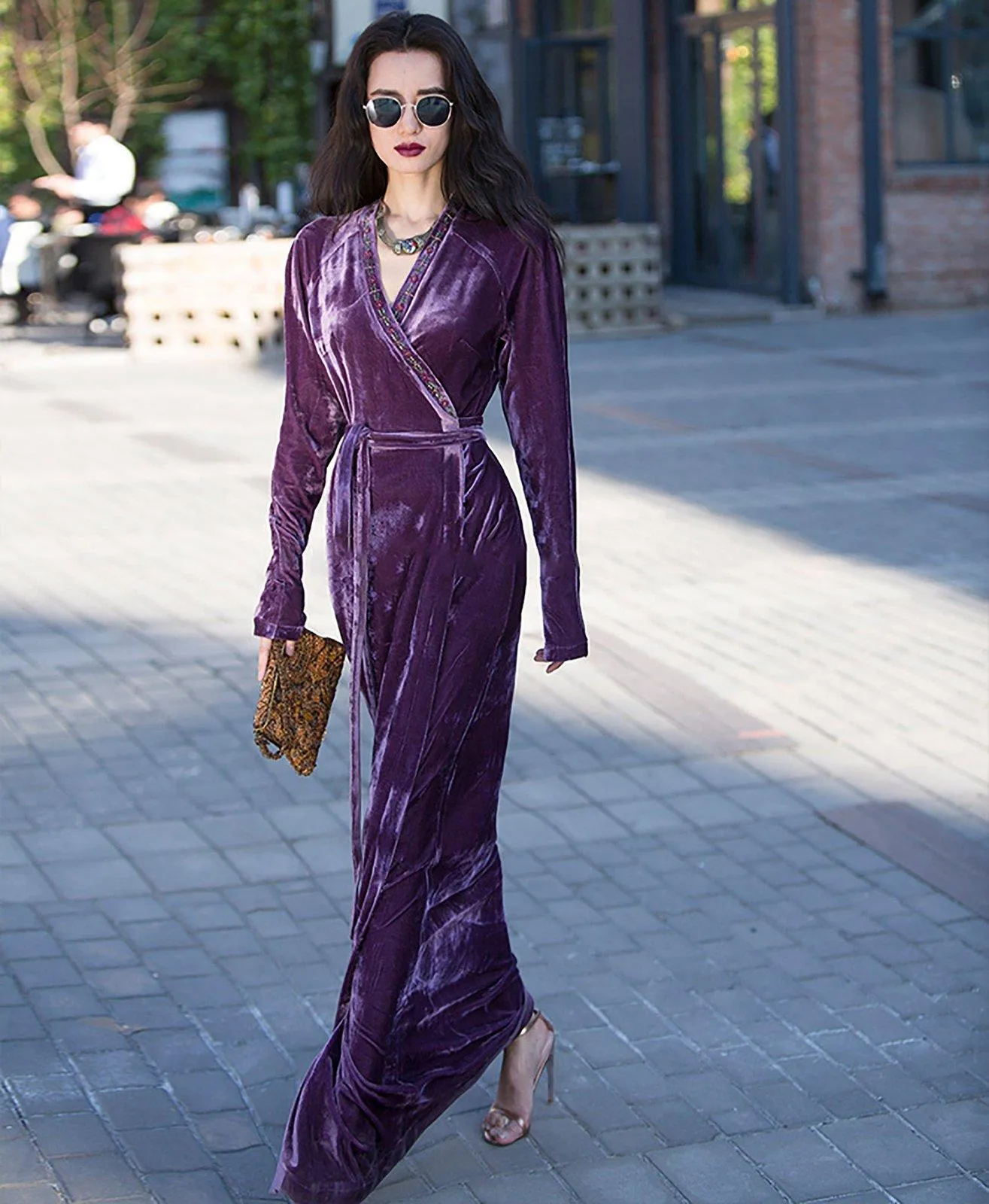 Brenda Velvet Long Sleeve Sash Maxi Dress