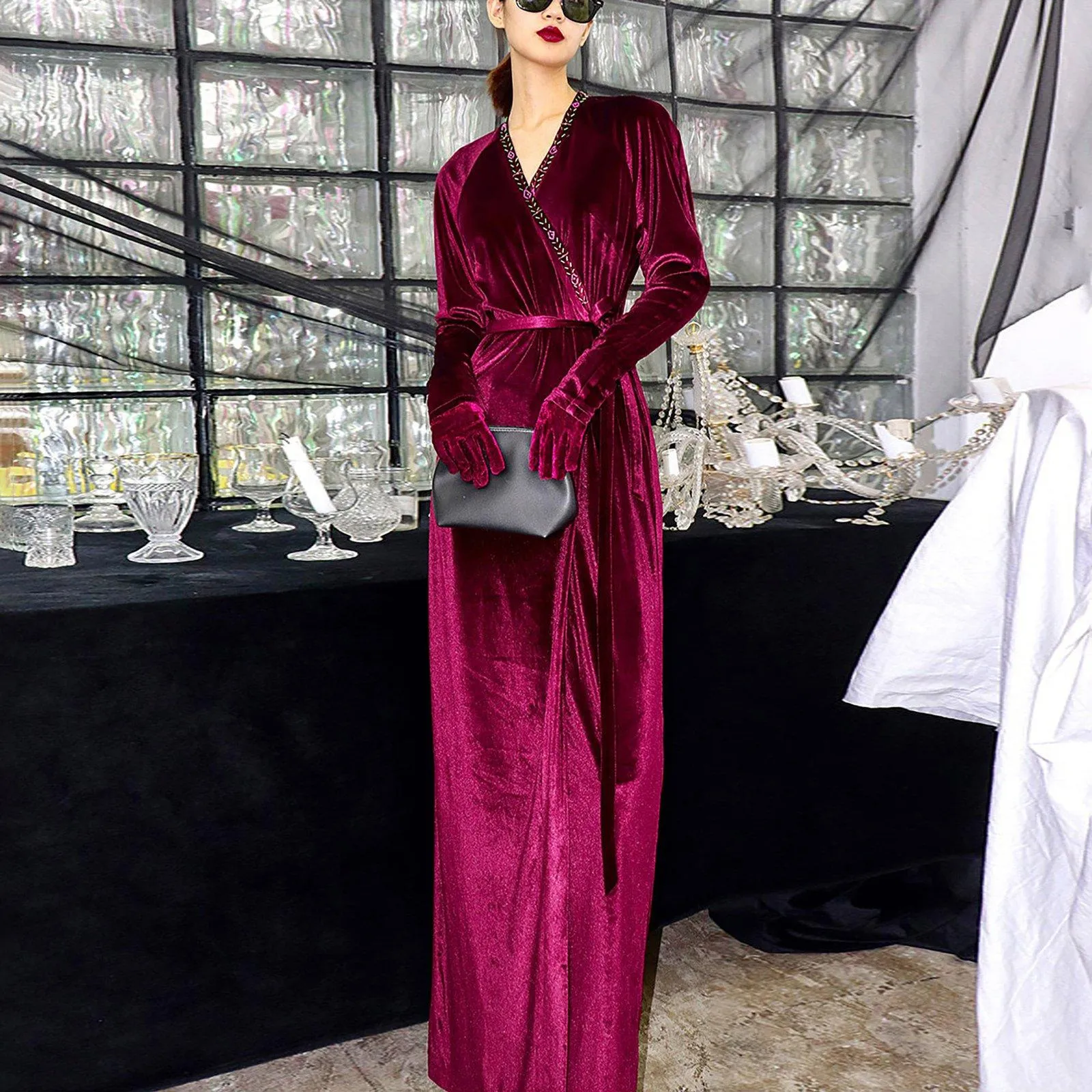 Brenda Velvet Long Sleeve Sash Maxi Dress