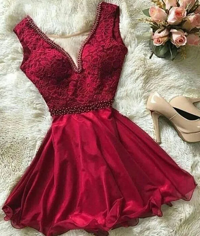 Burgundy lace chiffon short prom dress, burgundy lace short homecoming dress