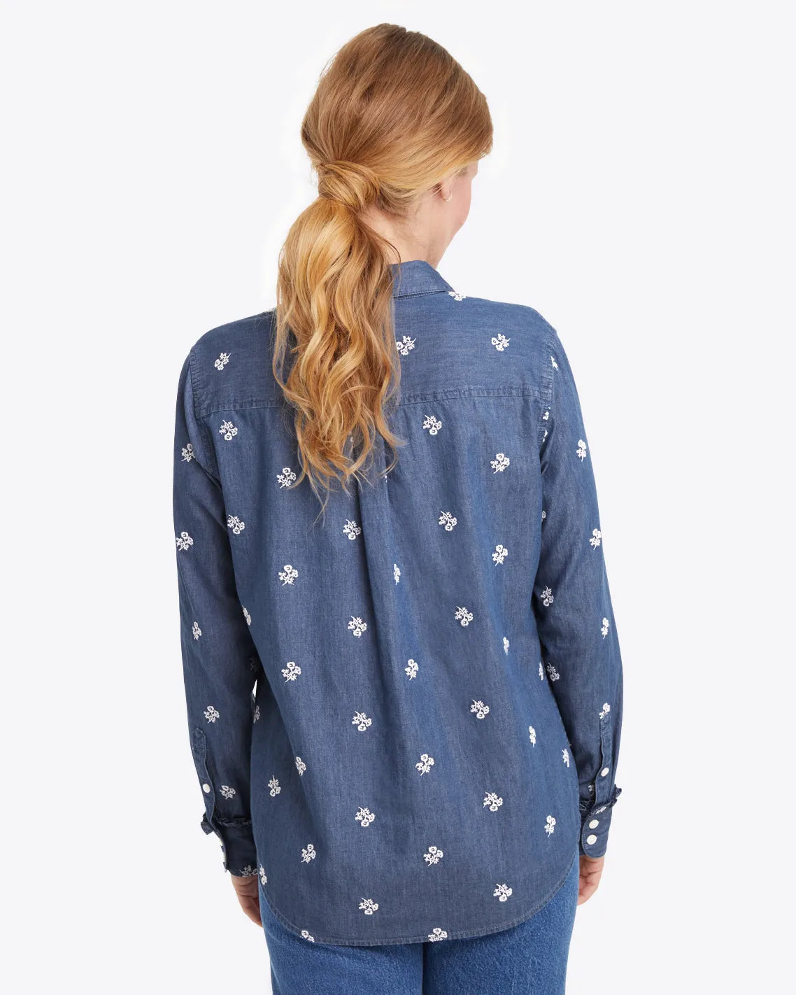 Button Down Top in Embroidered Chambray