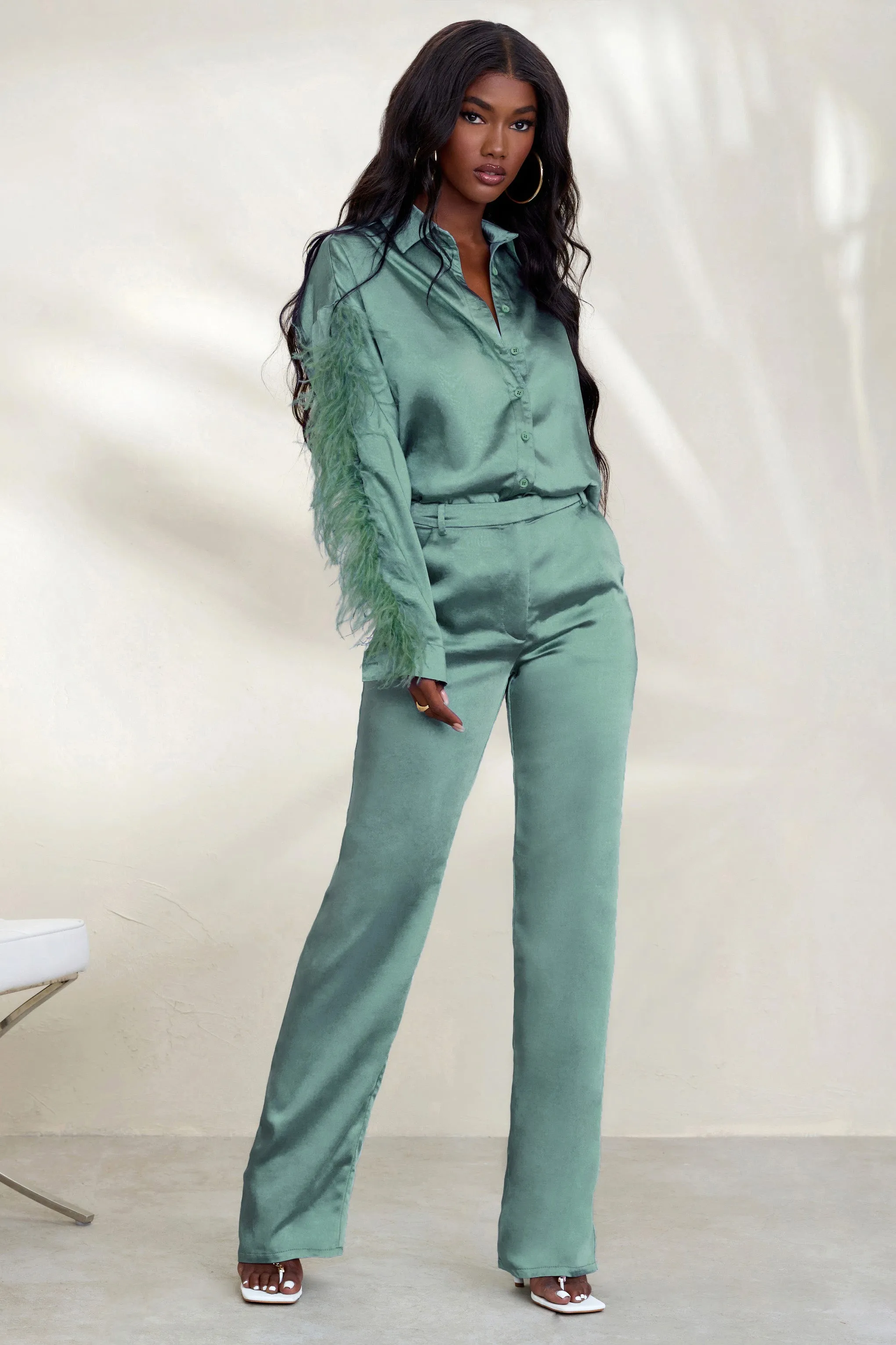 Evening Memories | Duck Egg Blue Satin Wide Leg Trousers