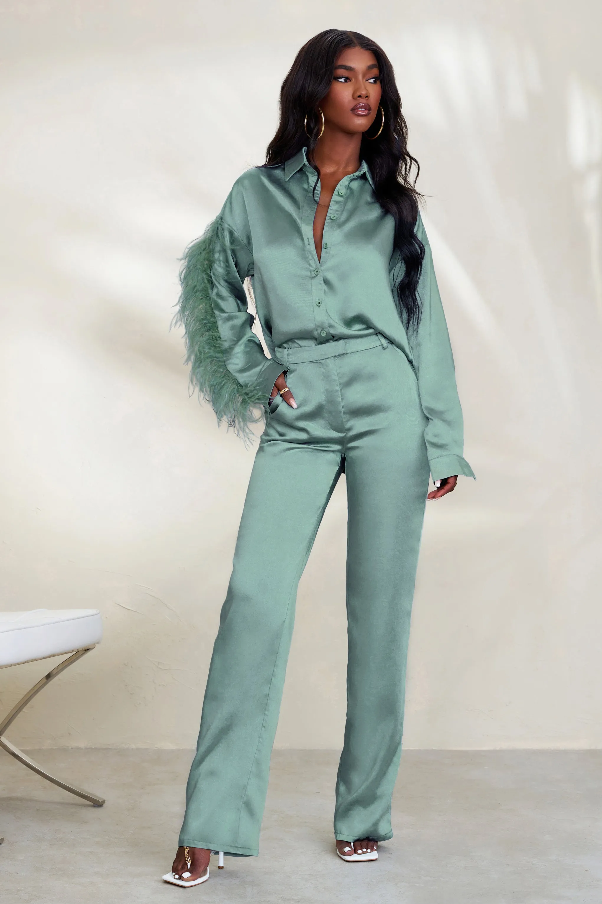 Evening Memories | Duck Egg Blue Satin Wide Leg Trousers