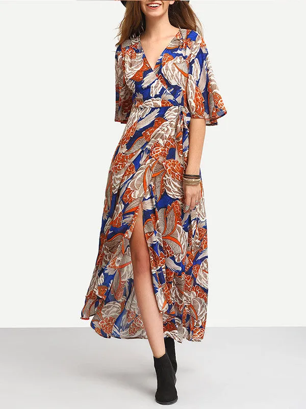 Exotic Floral Printed V Neck Split Maxi Dress