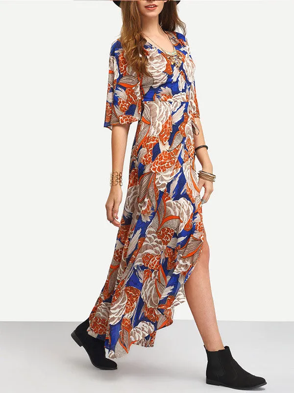 Exotic Floral Printed V Neck Split Maxi Dress