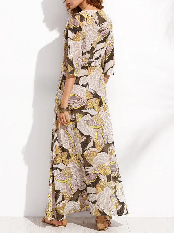 Exotic Floral Printed V Neck Split Maxi Dress