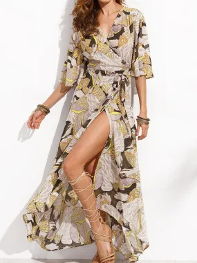 Exotic Floral Printed V Neck Split Maxi Dress