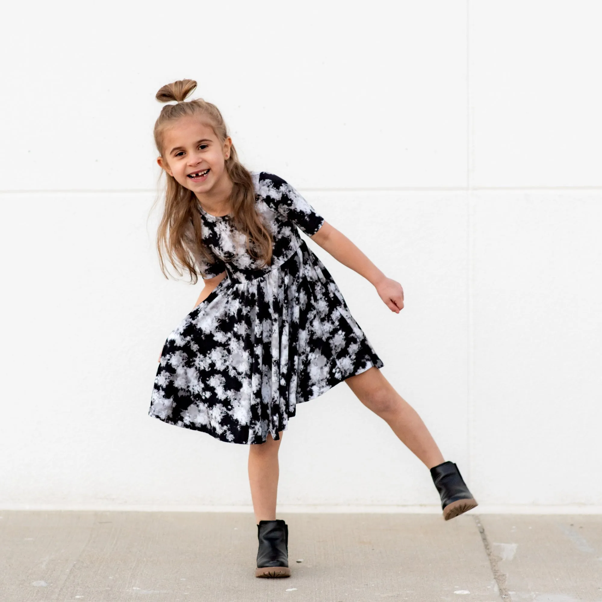 MID SLEEVE TWIRL DRESS- Black Tie Dye