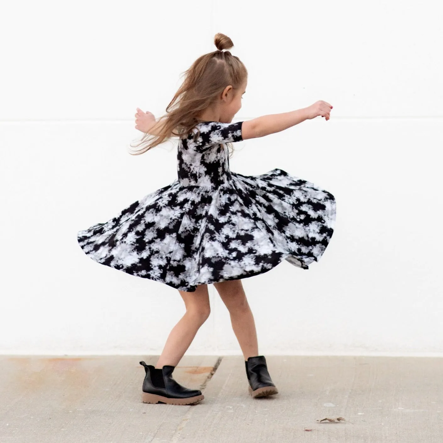 MID SLEEVE TWIRL DRESS- Black Tie Dye