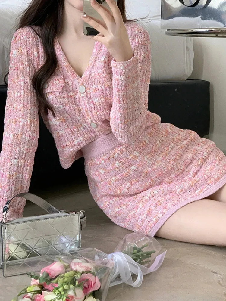 Pink Knitted Cardigan And Skirt Set