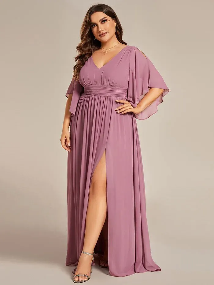 Plus V Neck Pleated Belt Chiffon Evening Dress