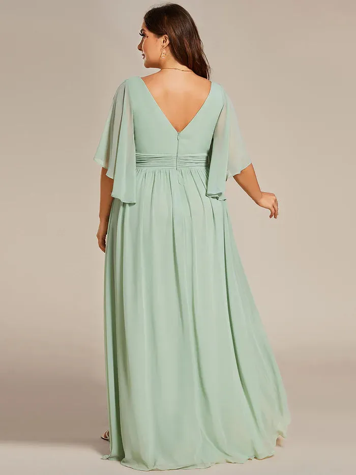 Plus V Neck Pleated Belt Chiffon Evening Dress