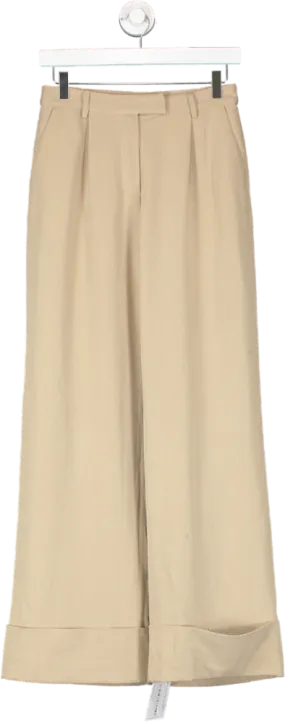 PRETTY LAVISH Beige Folded Hem Wide Leg Trousers UK 6