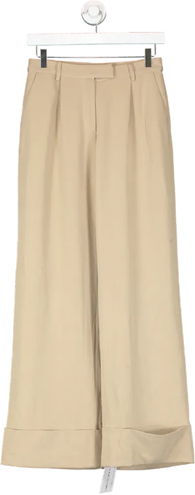 PRETTY LAVISH Beige Folded Hem Wide Leg Trousers UK 6