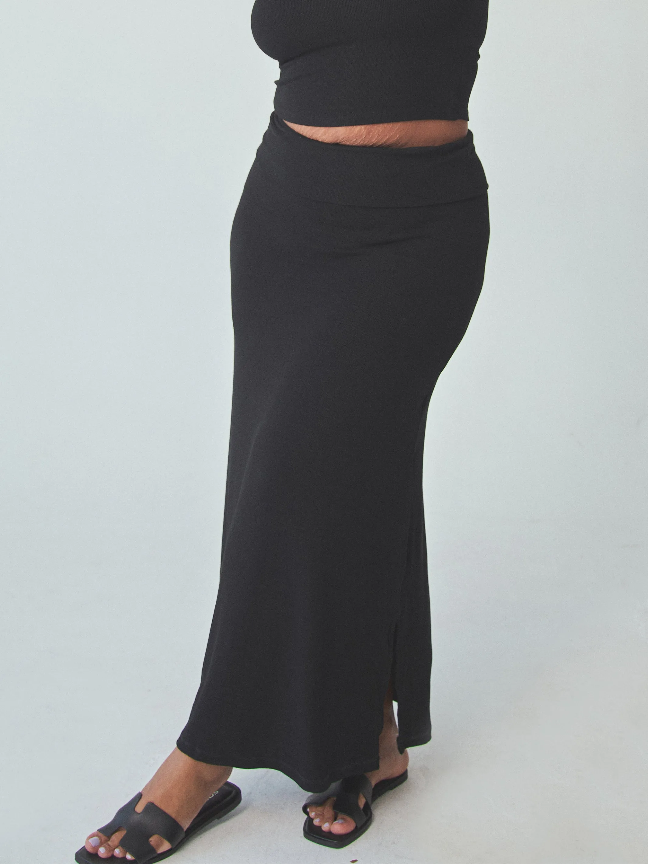 Ribbed Fold Over Maxi Skirt