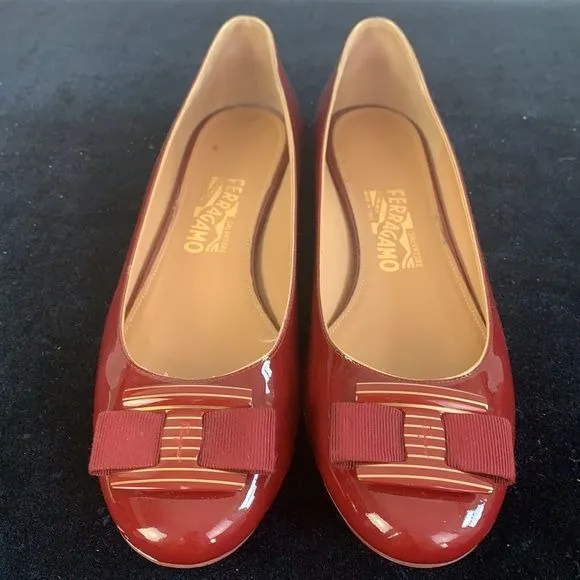 Salvatore Ferragamo wine patent low heel shoes