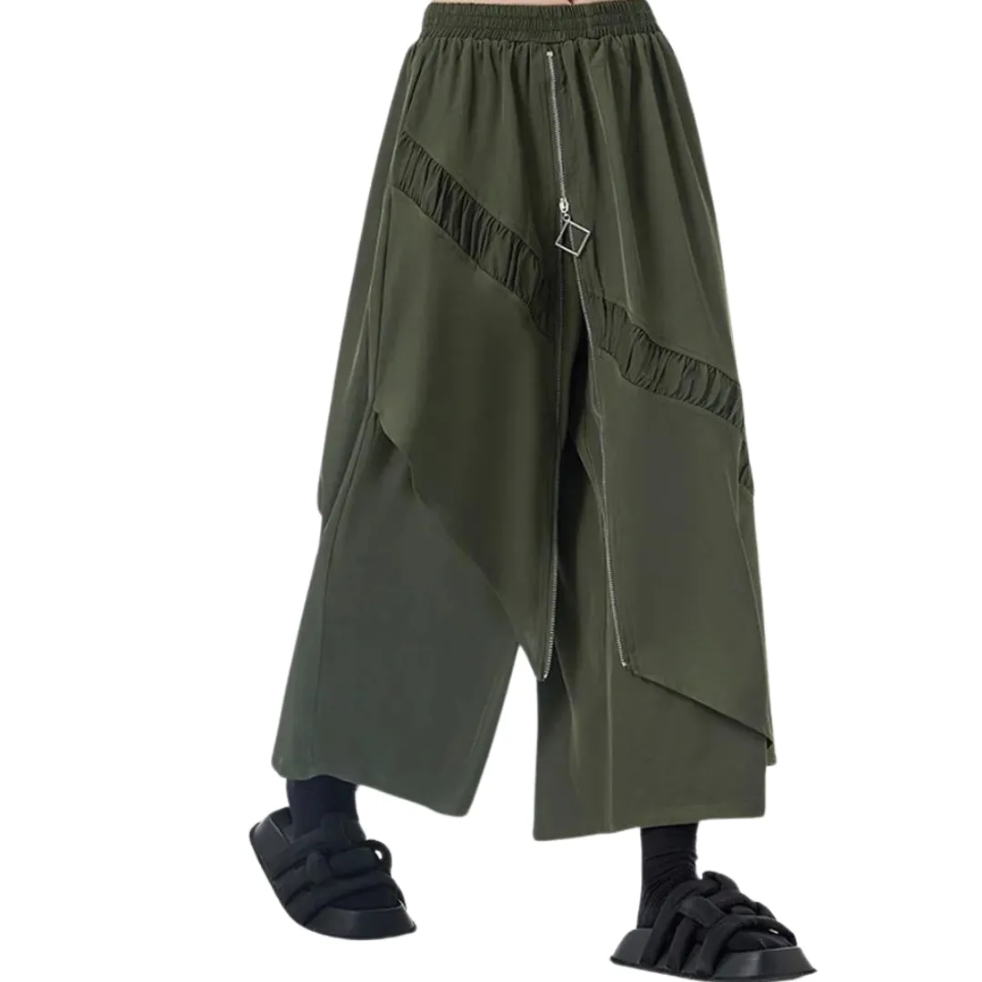 Simple Moderne Street Punk Irregular Design Overlay Olive Green Trousers