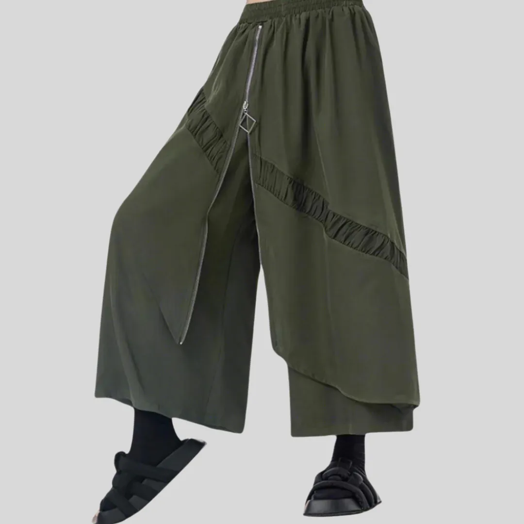 Simple Moderne Street Punk Irregular Design Overlay Olive Green Trousers