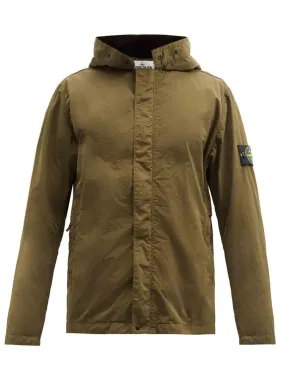 Stone Island Logo Patch Garment-Dyed Hooded Shell Jacket Olive