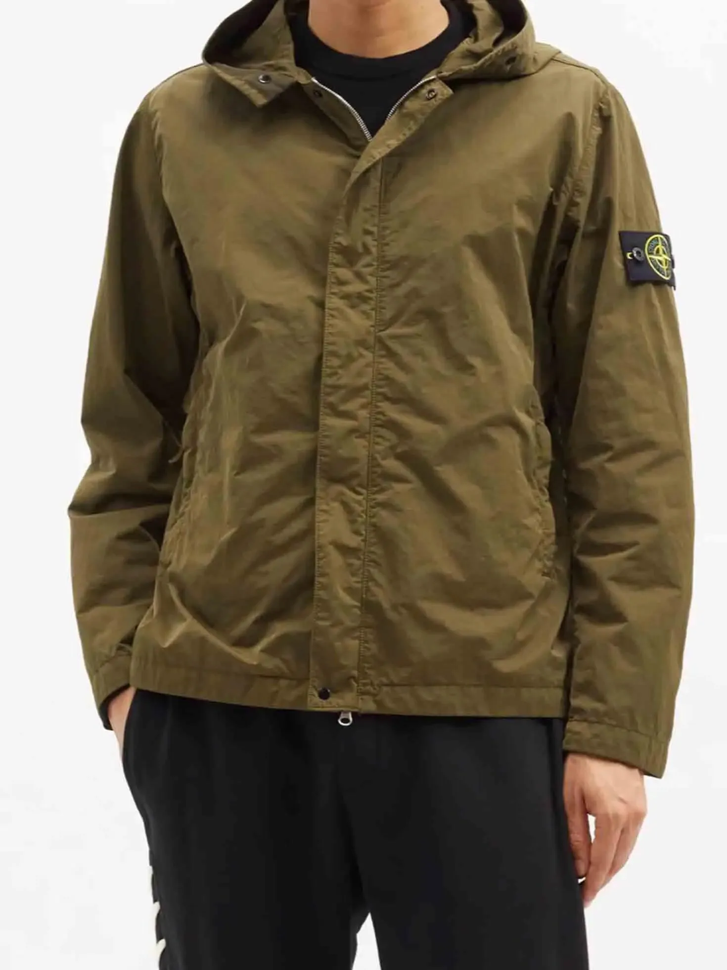 Stone Island Logo Patch Garment-Dyed Hooded Shell Jacket Olive