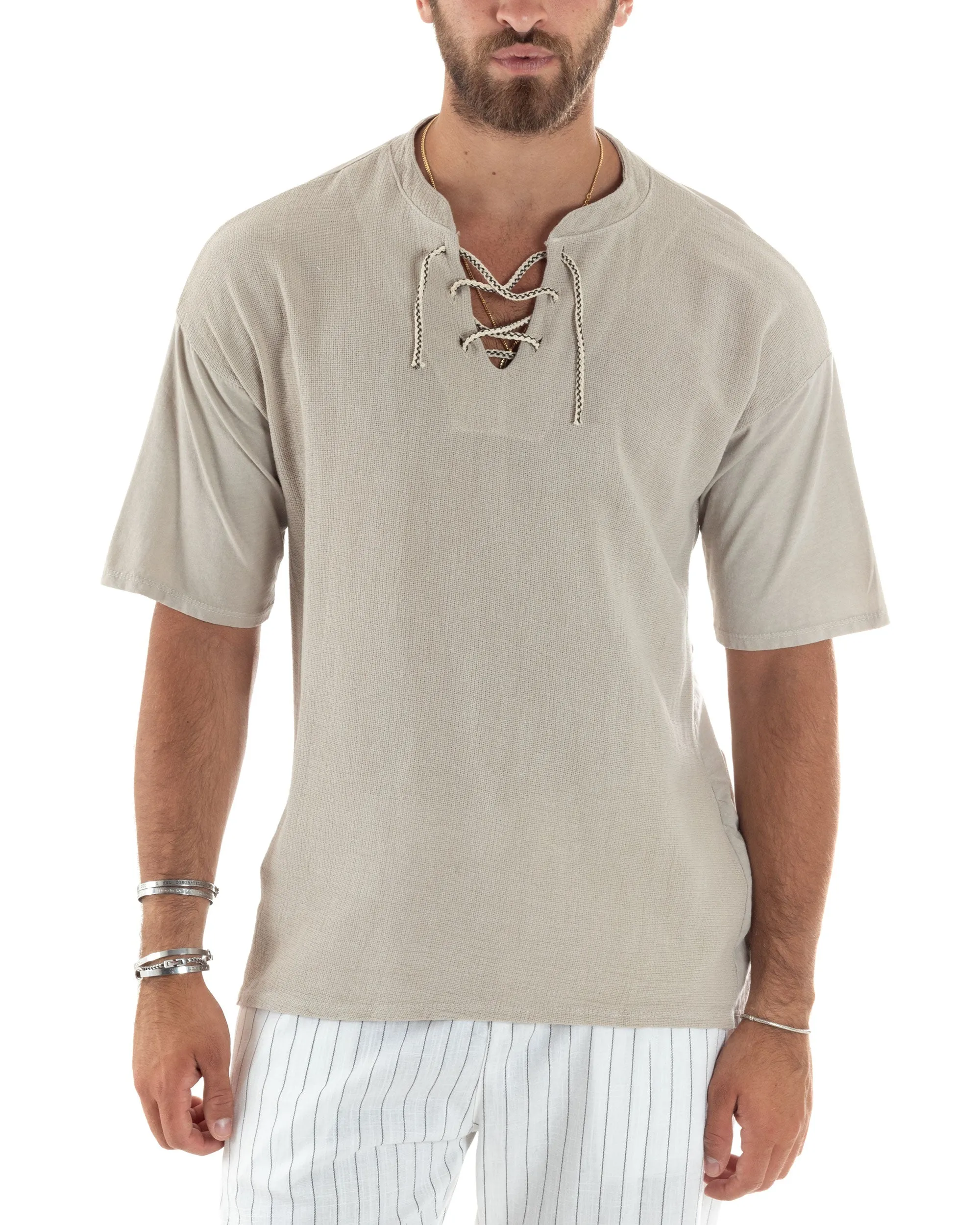 T-Shirt Uomo Cotone Regular Fit Collo Alla Coreana Con Laccio Scollo A V Casual Tinta Unita Beige GIOSAL-TS3067A