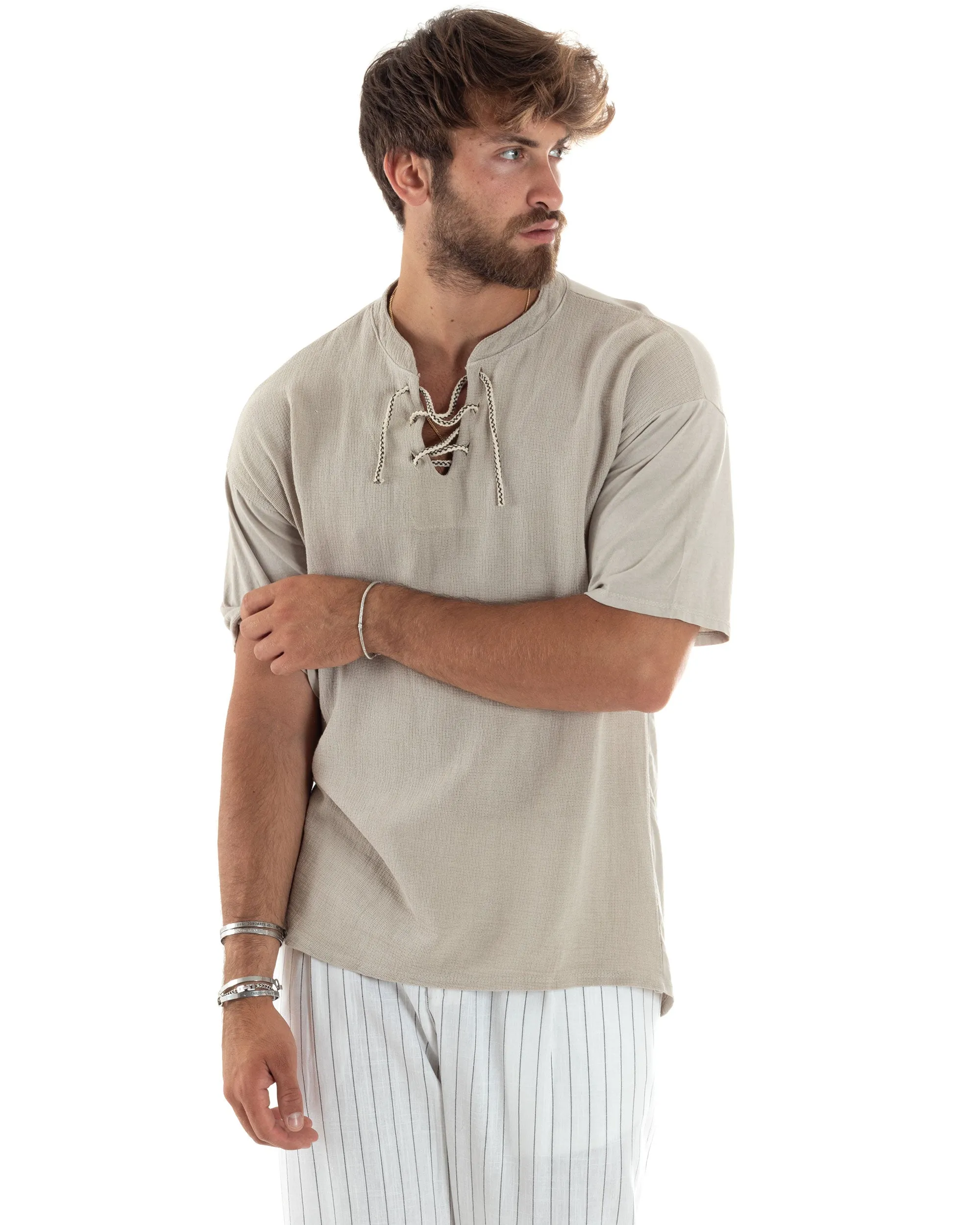 T-Shirt Uomo Cotone Regular Fit Collo Alla Coreana Con Laccio Scollo A V Casual Tinta Unita Beige GIOSAL-TS3067A