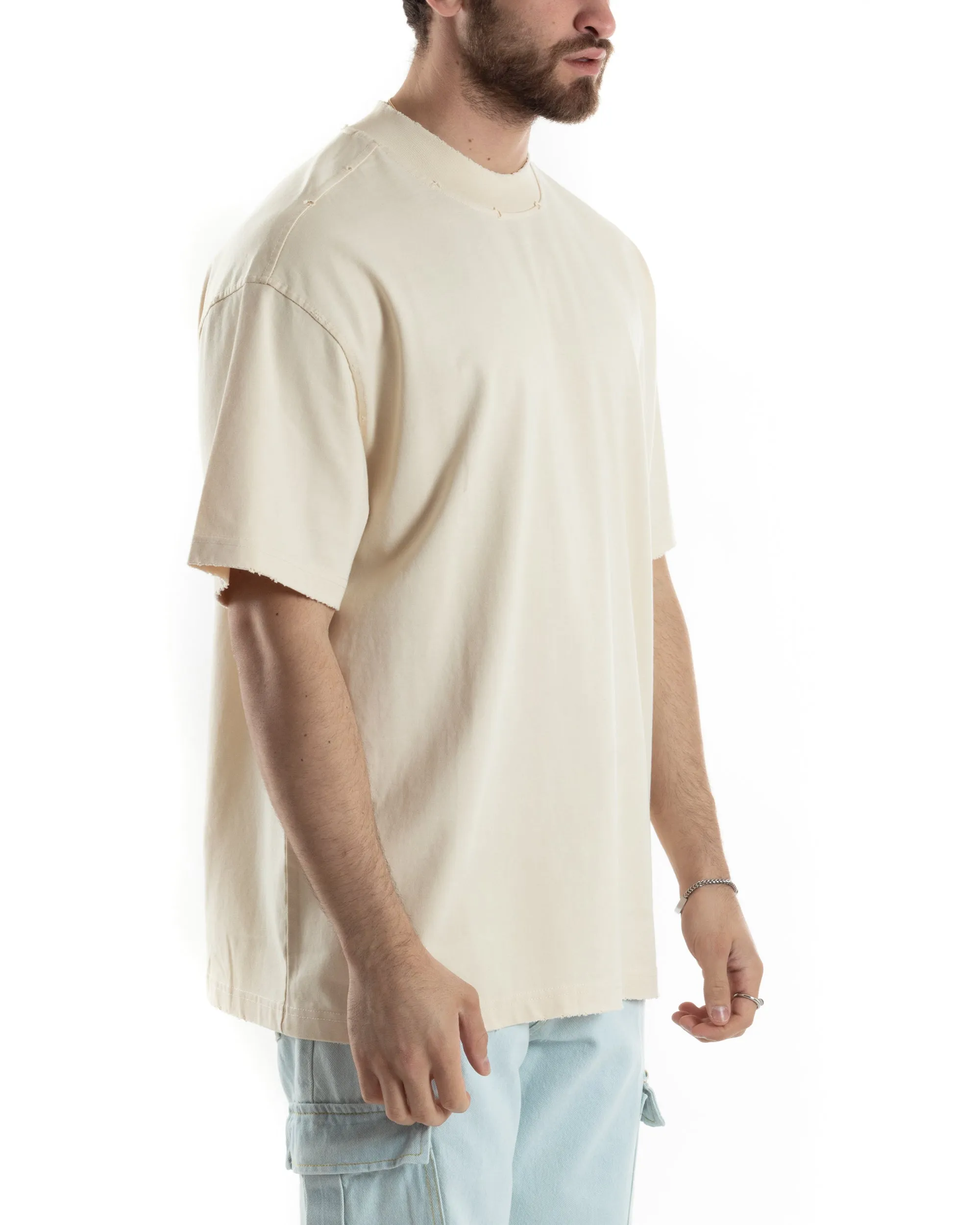 T-shirt Uomo Girocollo Boxy Fit Cotone Basic Con Rotture Relaxed Fit Gola Alta Beige GIOSAL-TS3015A