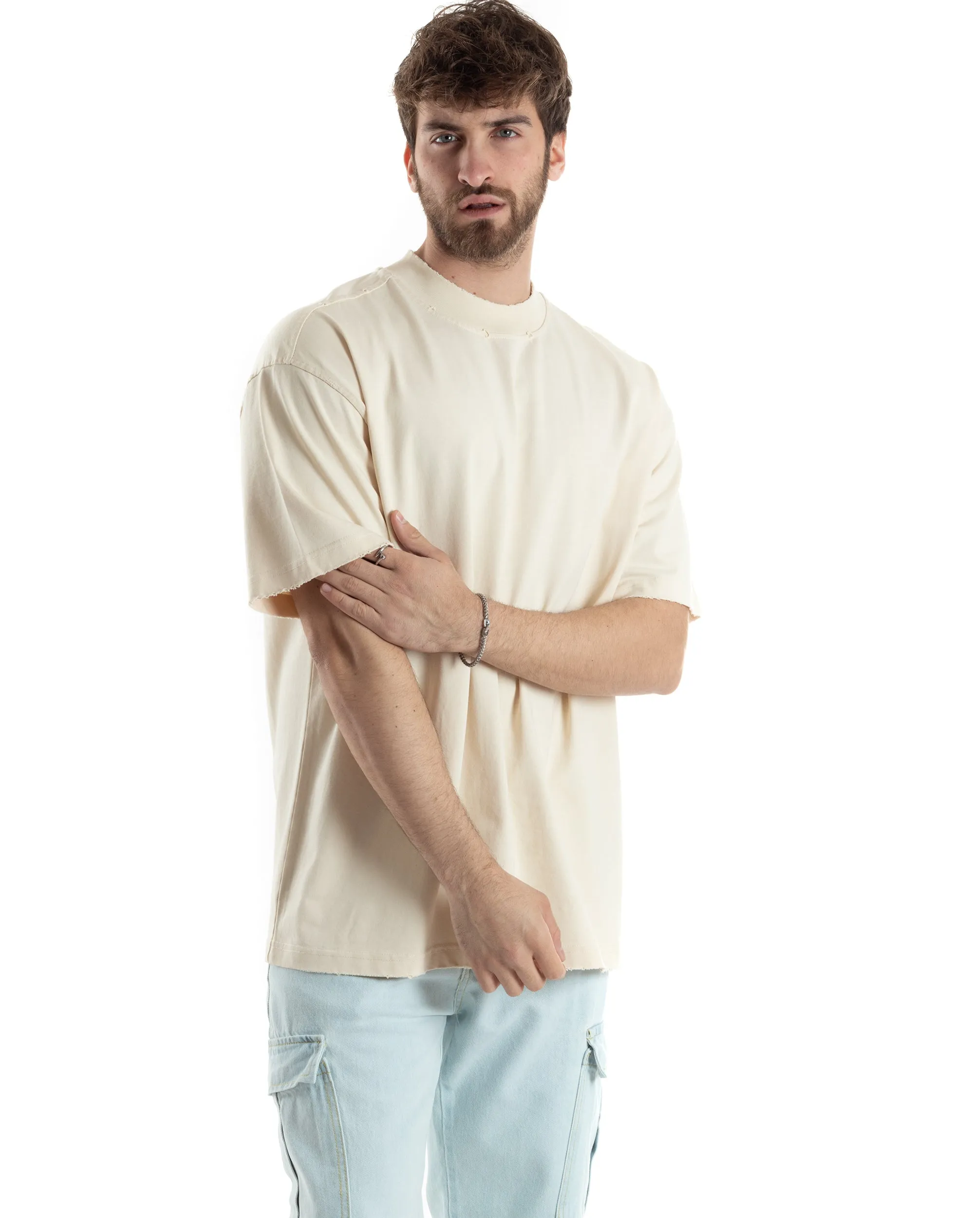 T-shirt Uomo Girocollo Boxy Fit Cotone Basic Con Rotture Relaxed Fit Gola Alta Beige GIOSAL-TS3015A