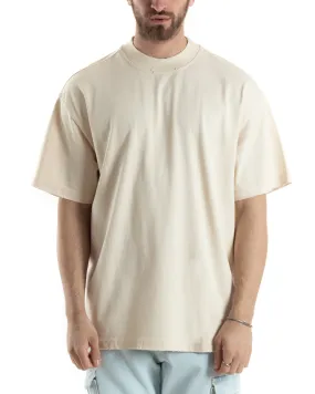 T-shirt Uomo Girocollo Boxy Fit Cotone Basic Con Rotture Relaxed Fit Gola Alta Beige GIOSAL-TS3015A